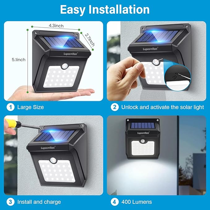 28 LEDs Solar Lights Outdoor, Motion Sensor Wireless Waterproof Security Wall Lights, Solar Light for Outdoor, Front Door, Back Yard, Garage, Porch by Luposwiten [4 PACK]