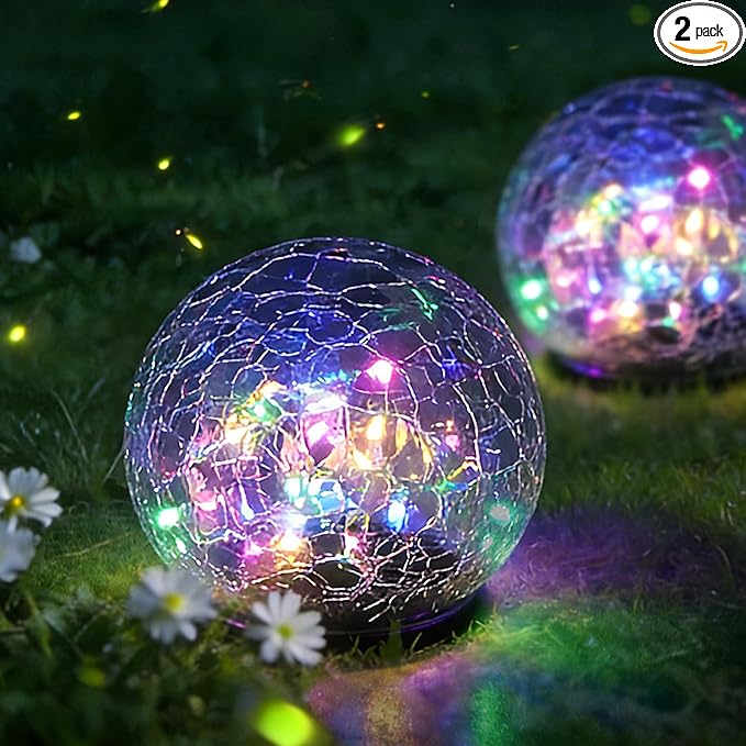 2 Pack Solar Path Lights Outdoor, Cracked Glass Globe with Light Control, IP67 Waterproof Solar Garden Lights, Warm Yellow & 4-Color LED Ball Lights for Yard, Patio, Lawn & Holiday Decor (Multicolor)