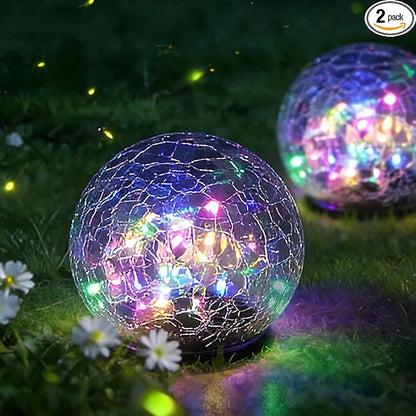 2 Pack Solar Path Lights Outdoor, Cracked Glass Globe with Light Control, IP67 Waterproof Solar Garden Lights, Warm Yellow & 4-Color LED Ball Lights for Yard, Patio, Lawn & Holiday Decor (Multicolor)