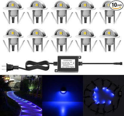 LED Stair Lights Kit Low Voltage Waterproof IP65 Outdoor 1-2/5" Stainless Steel Recessed Wood Deck Lighting Yard Garden Patio Step Landscape Pathway LED Light Blue (Pack 10pcs)