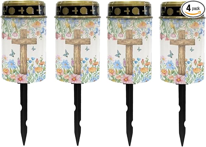 Poceacles Cross Solar Lights Solar Cemetery Lights Solar Grave Lights Outdoor Waterproof Decoration Pathway Lights Garden Solar Candle for Memorial Day Decor, Flower Butterfly Cross, Pack of 4