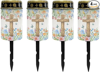 Poceacles Cross Solar Lights Solar Cemetery Lights Solar Grave Lights Outdoor Waterproof Decoration Pathway Lights Garden Solar Candle for Memorial Day Decor, Flower Butterfly Cross, Pack of 4