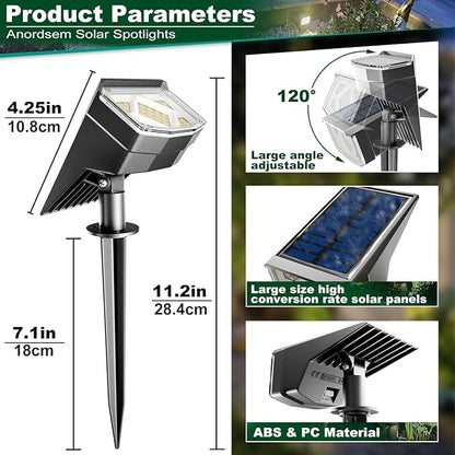 Anordsem Solar Spot Lights Outdoor: 1000mAh+ABS Waterproof Case 2 Pack - 2 Warm Light Modes for Yard Garden Path Decoration - Bright Security Lighting Gifts for Homeowner