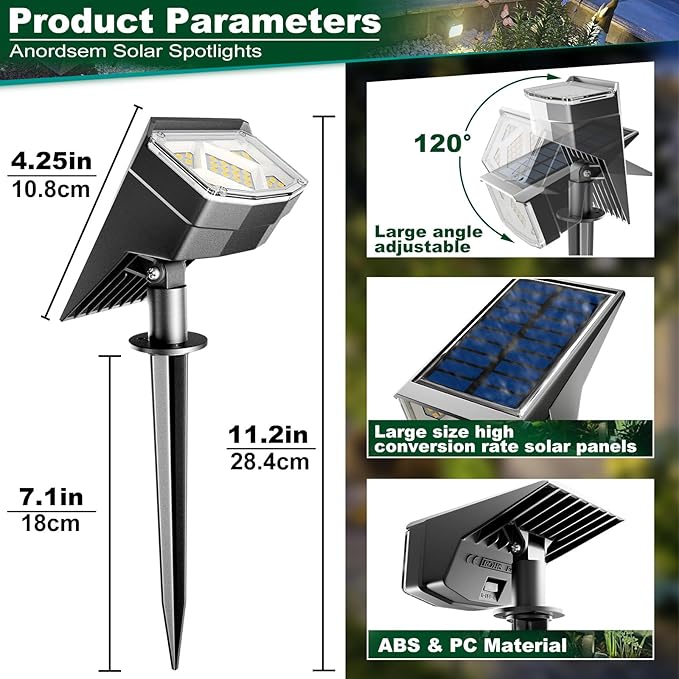 Anordsem Solar Spot Lights Outdoor: 1000mAh+ABS Waterproof Case 4 Pack - 2 Warm Light Modes for Yard Garden Path | Lumora