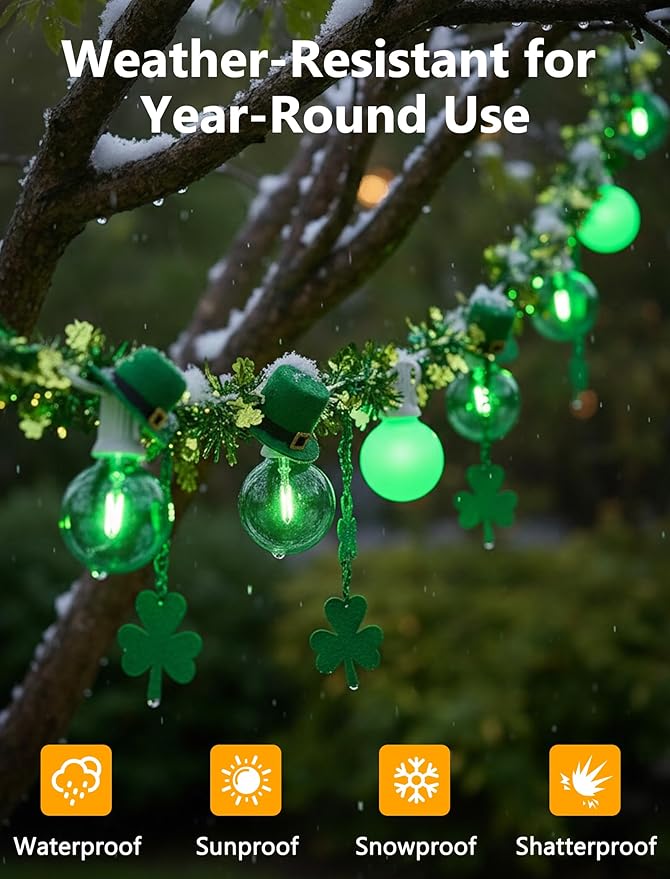 50FT G40 LED Outdoor Globe String Lights, St. Patrick's Day Decorations Lights Outdoor with 27 Shatterproof Green Bulbs, Hanging Globe Patio Lights Waterproof for Outside Party Wedding Porch Backyard