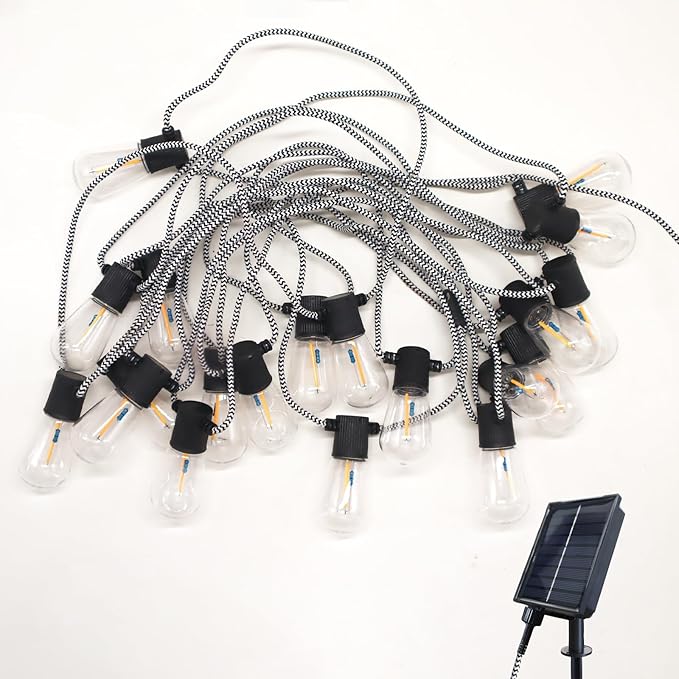 Solar String Lights Outdoor IP44 Waterproof, Black and White Braided Cord Solar Powered Patio Lights with Vintage | Lumora