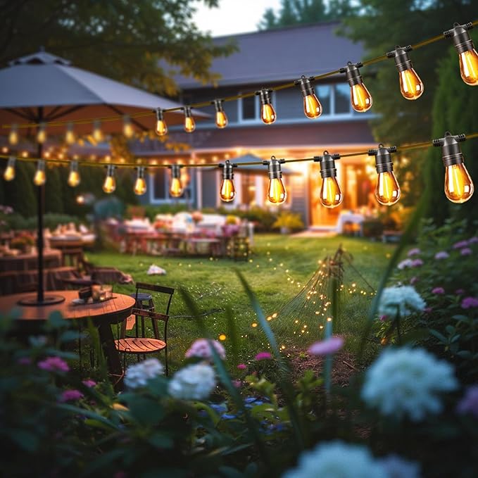 34ft S14 String Lights with 15 Golden Yellow Light Guide Column LED Bulbs – Shatterproof Waterproof E26 for Outdoor | Lumora
