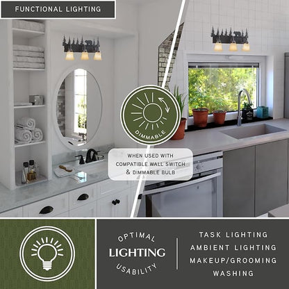 VAXCEL Bozeman 3-Light 24.75 inch Wide Burnished Bronze Rustic Cabin Bathroom Vanity Lighting Fixture, Amber Flake Glass Shade, Bear and Trees, Dimmable, LED Compatible, Over The Mirror Wall Mounted