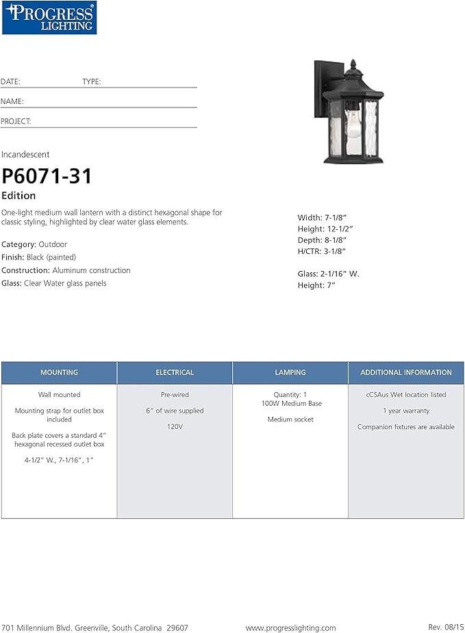 Progress Lighting Edition Collection 1-LightClear Water Glass Traditional Outdoor Medium Wall Lantern Light Textured Black