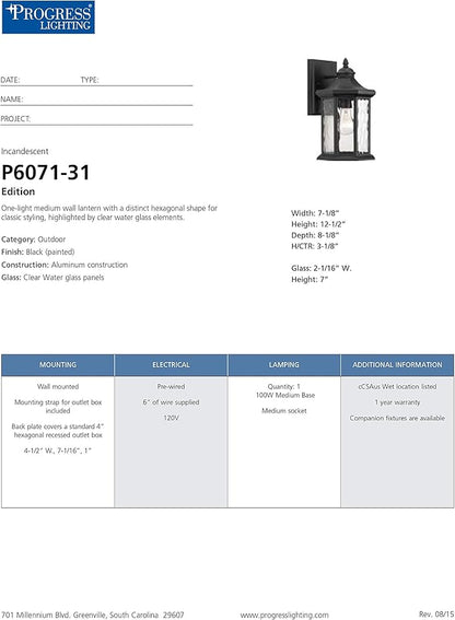 Progress Lighting Edition Collection 1-LightClear Water Glass Traditional Outdoor Medium Wall Lantern Light Textured Black