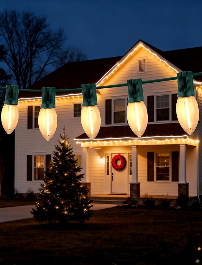 Vintage Christmas Lights Outdoor - 25FT C9 LED String Lights with 25 Warm White Bulbs, Waterproof & Connectable for Holiday, Xmas Tree, Porch, Party Decorations (Green Wire)