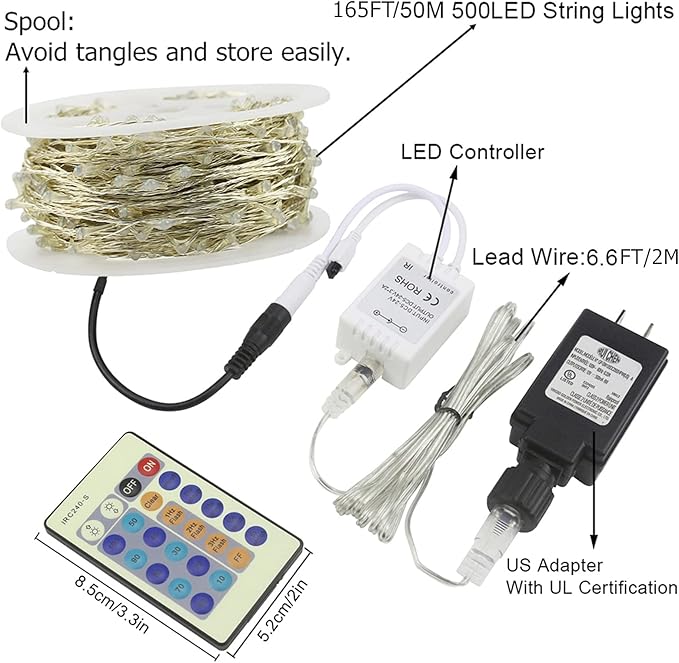 RUICHEN Dimmable Purple Fairy Lights Plug in, Waterproof Silver Wire 165 Ft 500 LED Starry String Lights with Remote for Christmas Halloween Party Bedroom Patio Garden