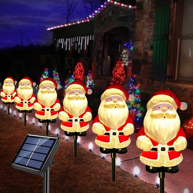 Upgraded 6-Pack Solar Christmas Garden Stake Lights, Outdoor Waterproof Solar Santa Claus Stake Christmas Pathway Lights for Garden Decorations Lawn Pathway Patio (8 Modes)
