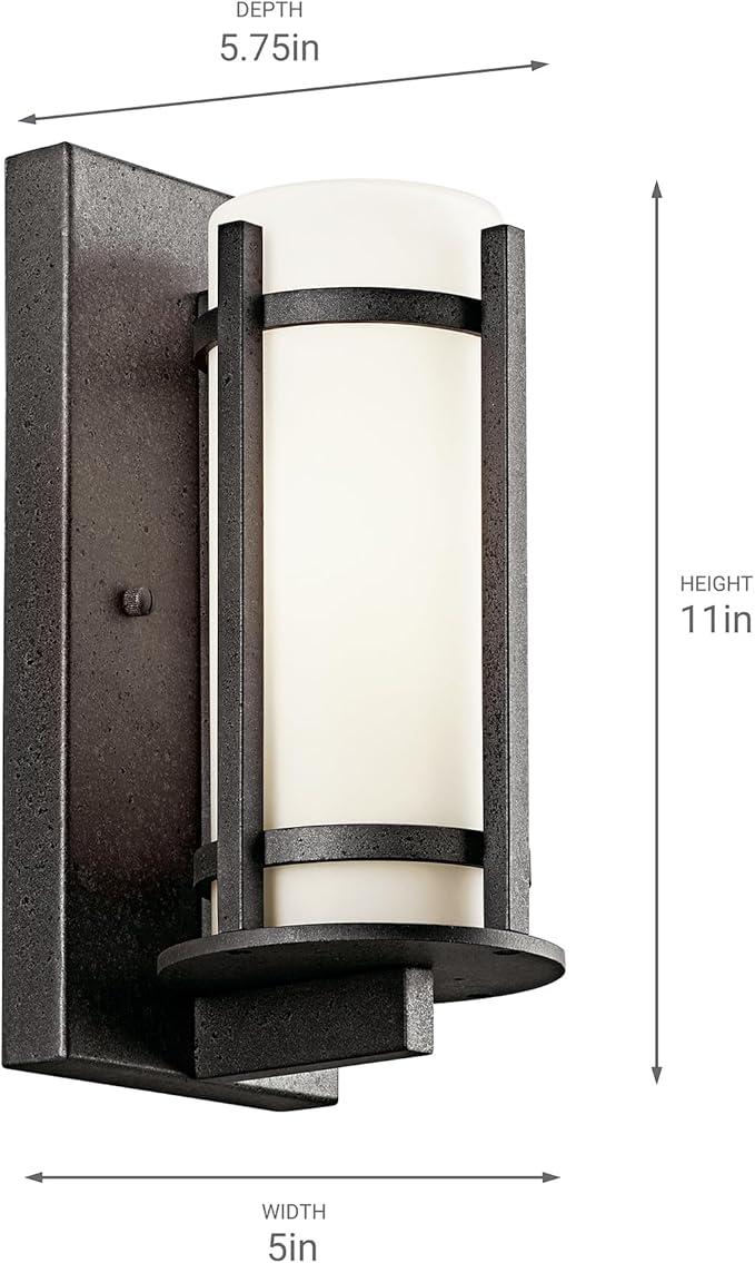 Kichler Camden 11" 1 Light Outdoor Wall Light with Opal Etched Glass in Anvil Iron, 9.5 in | Lumora