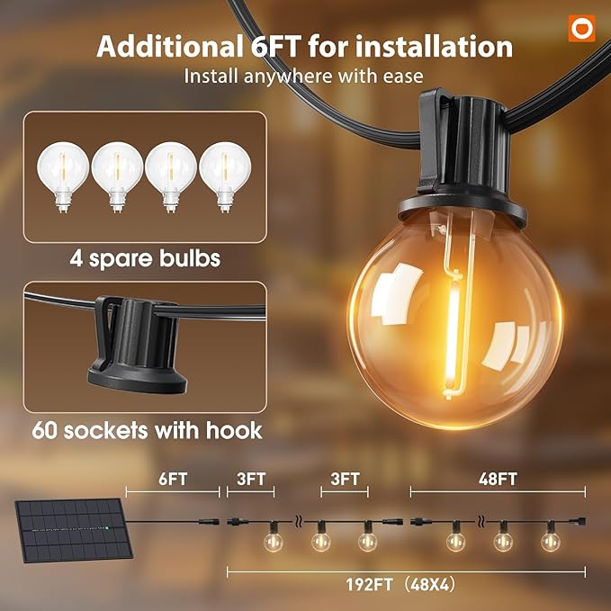 addlon 198FT(192+6) Solar String Lights Outdoor with Remote, 60+4 LED Shatterproof Bulbs, 3 Light Modes, Dimmable & Timable, G40 Waterproof Solar String Lights for Outside Patio Party Decor