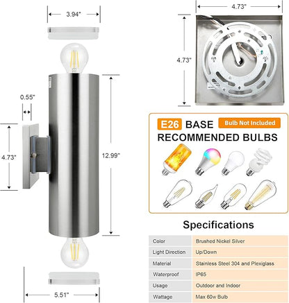 Outdoor Wall Sconce, Waterproof Corridor Wall Light with Stainless Steel 304 and Unbreakable Clear Plexiglass Acrylic Lamp Cover, Brushed Nickel Finished, E26, 13" Height, UL Listed, 1-Pack