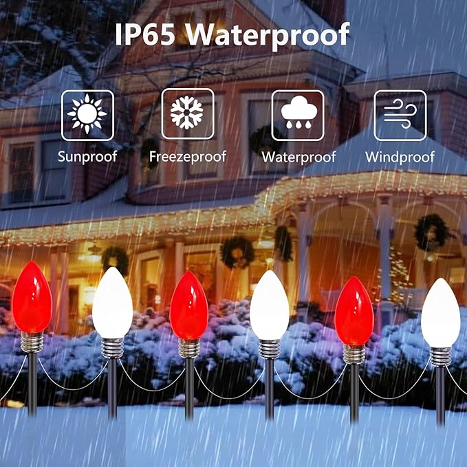 12-Pack Jumbo C9 Red White Solar Christmas Lights, Upgraded 12LED Outdoor Christmas Decorations, Solar Powered | Lumora
