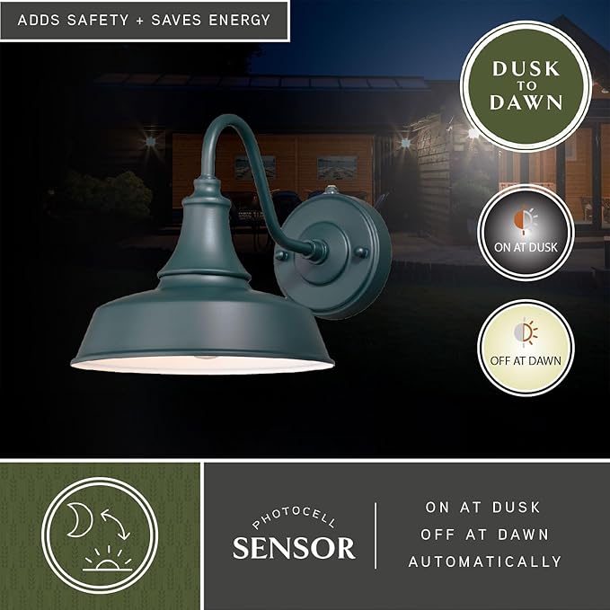 VAXCEL Dorado 9 in. H 1-Light Hunter Green and White Dusk to Dawn Sensor Farmhouse Outdoor Wall Sconce, Gooseneck Steel Shade, Dark Sky Compliant for Exterior Porch Patio Front Door or Garage