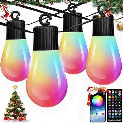 Smart Outdoor String Lights, 50FT RGB+IC & Warm White Christmas Outdoor Lights with 20 LED Dimmable Bulbs, String Lights with APP Control&Remote, IP65 Waterproof, 210 Modes for Christmas Patio,Balcony