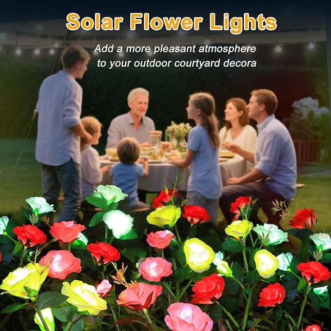 Garden 4 Pack LED Solar Flower Lights with More Realistic Rose Flowers Solar Garden Lights Outdoor Waterproof for Yard Patio Lawn Pathway Walkway Decoration 4-Pack Yellow & Pink & Red & White Combo