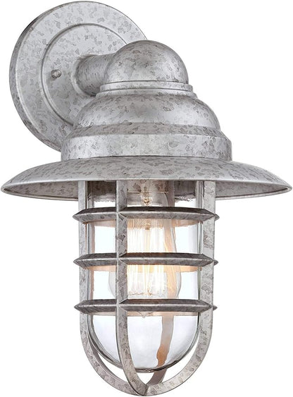 John Timberland Marlowe 13 1/4" High Farmhouse Rustic Modern Hooded Cage Outdoor Wall Light Fixture Mount Porch House Exterior Outside Set of 2 Edison Bulb Weatherproof Galvanized Clear Glass Shade