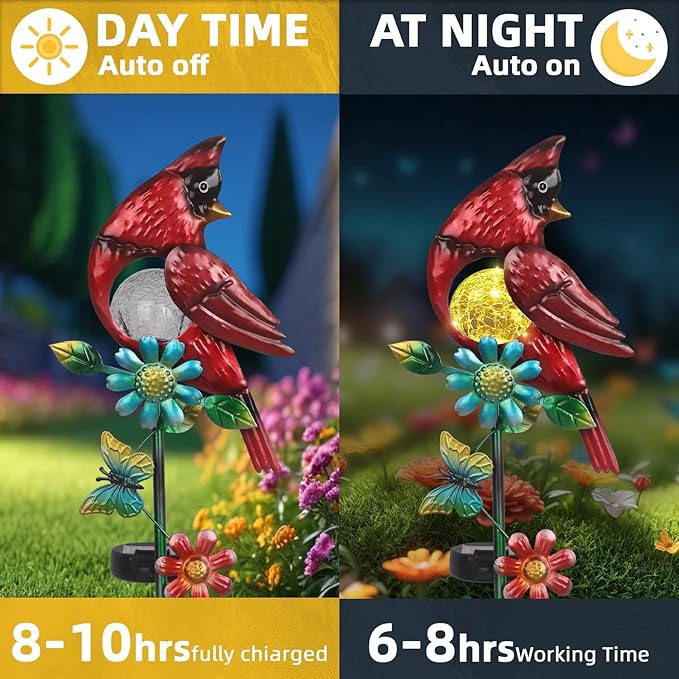Cardinal Decor Solar Garden Stakes Outdoor Decorative Waterproof Metal Garden Sculpture Cardinal Solar Lights for Outside Lawn Yard Patio Cemetery Decoration Red Bird Gardening Gifts for Women