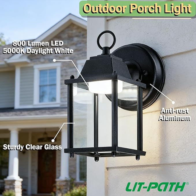 LIT-PaTH Outdoor LED Wall Lantern, Wall Sconce as Porch Lighting Fixture, 5000K Daylight White, 9.5W 800 Lumen, Aluminum Housing Plus Glass, Black Finish, 2-Pack