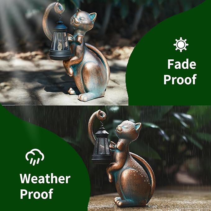 WHIMSYNOOK 10.7" Bronze Cat Garden Statue with Solar Light – Outdoor Yard & Lawn Décor, Charming Cat Figurine Gift for Mom & Cat Lovers