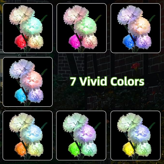 Solar Carnation Flower Garden Lights Outdoor Decorative, 7 Color Changing Solar Flower Lights Waterproof, 40H Solar | Lumora