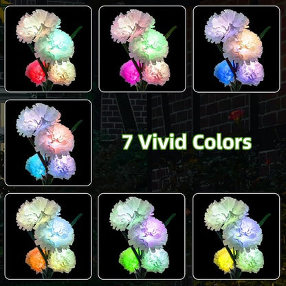 Solar Carnation Flower Garden Lights Outdoor Decorative, 7 Color Changing Solar Flower Lights Waterproof, 40H Solar Powered Pathway Lights for Yard Lawn Patio Walkway Landscape, 2pcs