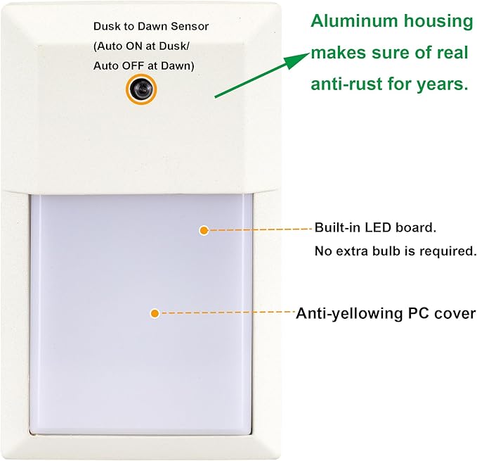 LIT-PaTH Outdoor LED Wall Lantern, Dusk to Dawn Wall Sconce for Porch Lighting Fixture 3000K, 12W 1000 Lumens, Aluminum Housing Plus PC, White Finish,1-Pack,
