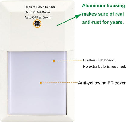LIT-PaTH Outdoor LED Wall Lantern, Dusk to Dawn Wall Sconce for Porch Lighting Fixture 3000K, 12W 1000 Lumens, Aluminum Housing Plus PC, White Finish,1-Pack,