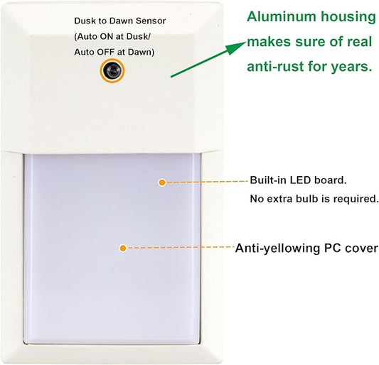 LIT-PaTH Outdoor LED Wall Lantern, Dusk to Dawn Wall Sconce for Porch Lighting Fixture 3000K, 12W 1000 Lumens, Aluminum Housing Plus PC, White Finish,1-Pack,