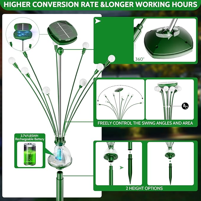 AOSEA HIGH Power Solar Garden Lights Outdoor, 2 Pack 18 LED Solar Firefly Lights Fairy Swaying by Wind for Outside, IP67 Waterproof, for Patio Garden Yard Walkway Sidewalk, Green