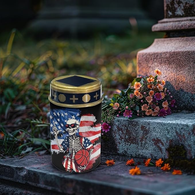 USA Flag Basketball Cemetery Solar Lights for Grave Set of 2 Decorative Grave Waterproof Powered Solar Lights for Cemetery Gravesite Memorial Gift Grave Lamp