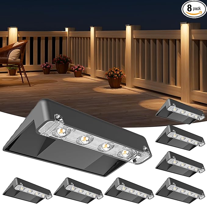 NIORSUN Solar Deck Lights Outdoor 8 Pack, IP65 Waterproof Large Size LED Stair Lights with Lenses, Auto ON Off Warm White Step Lights for Outside, Deck, Patio, Fence, Yard, Pathway and Railing Decor