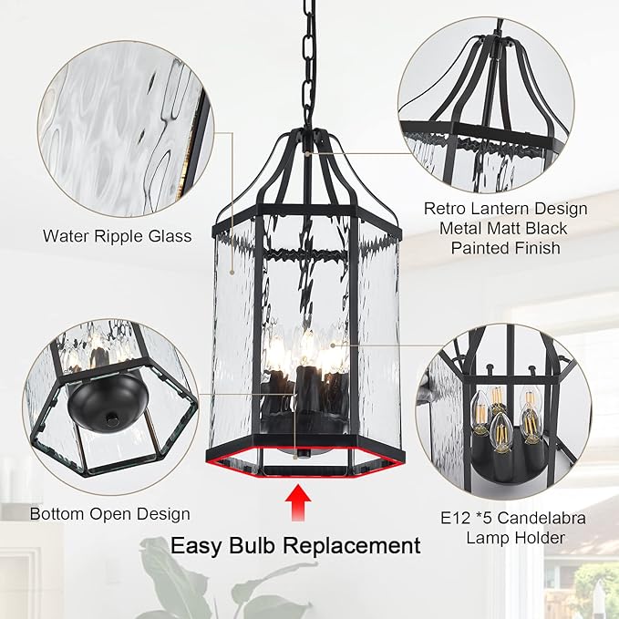 10" Modern 5-Light Exterior Black Lantern Pendant Light Fixture with Clear Rippled Glass Mini Industrial Hanging | Lumora