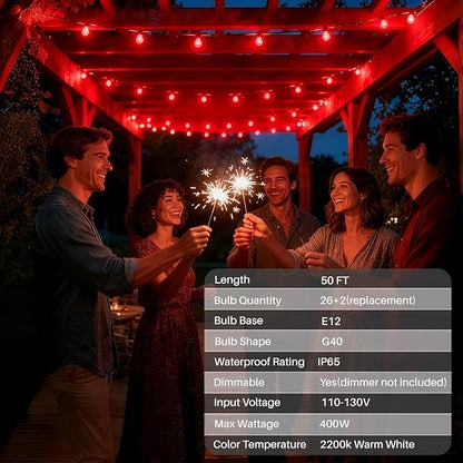50 FT Red Outdoor String Lights G40 Globe Shatterproof Patio Lights,26 Plastic Edison Bulbs(2 Spare) IP65 Waterproof Dimmable LED Bulbs for Backyard Porch Balcony Party Decor, E12 Base,