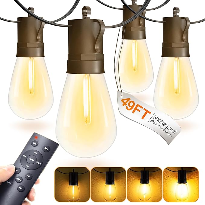 15M LED Outdoor String Lights Patio Dimmable Hanging Light with Remote, Waterproof Shatterproof Edison Bulbs, 3 | Lumora
