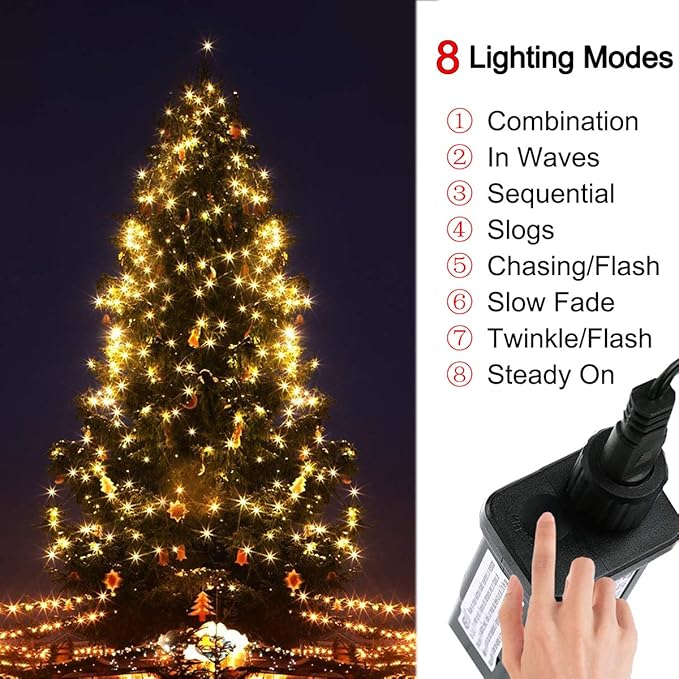 Indoor Christmas String Lights - 220 LEDs 82ft/25m Memory Function 8 Modes End-to-End Plug in Outdoor Waterproof Decorative Fairy Twinkle Xmas Lights for New Year/Tree/Wedding/Patio/Home - Warm White