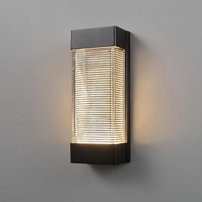 Globe Electric 16W LED Integrated Outdoor Wall Sconce, Matte Black, Ribbed Glass, Dusk to Dawn Sensor, Dimmable | Lumora