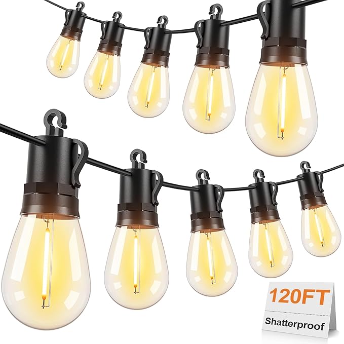 Brightever 120FT Outdoor String Lights Waterproof, LED Patio Lights with 34 S14 Shatterproof Vintage Bulbs(2 Spare), 2700K Outside Hanging Decorative Lights for Cafe, Bistro, Party, Birthday, Holiday
