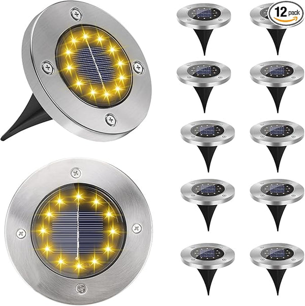 Solar Garden Lights Outdoor, 12 Packs Bright Solar Powered Ground Lights with Updated 12 LEDs, Waterproof Disk Warm | Lumora