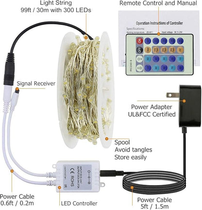 RUICHEN Dimmable Purple Fairy Lights Plug in, Waterproof Silver Wire 99 Ft 300 LED Starry String Lights with Remote for Christmas Halloween Party Bedroom Patio Garden