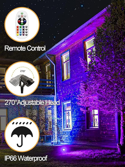 ZUCKEO Christmas Spotlights LED Outdoor Spot Lights for Yard, 10W RGB Landscape Lights Color Changing, 120V Waterproof Spotlight with Plug & Remote for House Garden Path Tree Decoration(2Pack)