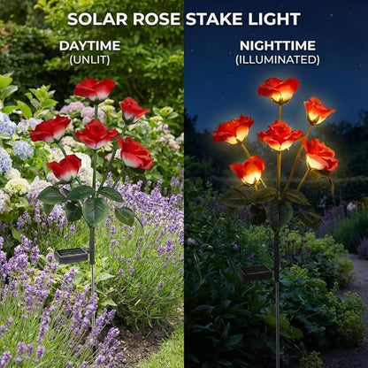 Solar Garden Rose Lights, 2 Pack MostRealistic 12 LED Flower Stake Lights, IP65 Waterproof 7 Color Changing Solar Decor for Walkway/Graveyard, Heartwarming Gifts for Grandma & Mom,Red