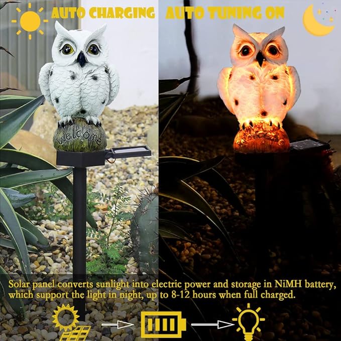 SmilingTown Solar Garden Lights Resin Warm White LED Figure Waterproof Decorations with Stake for Outdoor Yard Pathway Outside Patio Lawn Decor 2 Pack (Owl)
