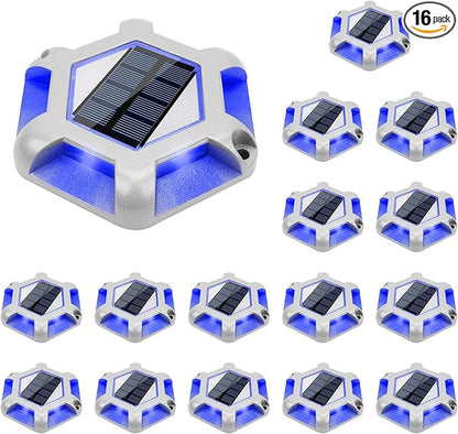 VOLISUN Solar Dock Lights, 16-Pack Waterproof Outdoor LED Aluminum Dock Lighting Warning Step Lights for Driveway (Blue+White, 2 Colors in 1), Auto On/Off