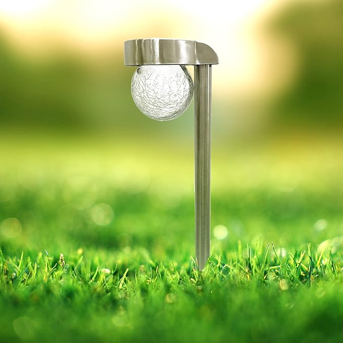 Crosslight Solar Powered Pathway Lights (4 Pack) - Hanging Crackled Ball Outdoor LED Lights, Waterproof for Garden, Yard, Patio, Lawn, Walkway - Decorative Ground Stake Lighting | Warm White