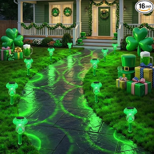 Solar Lights Outdoor, St Patricks Day 16 Pack Mushroom Landscape Lights Waterproof, Solar Powered LED Lighting for Garden Yard Path Pathway Lawn Walkway Driveway Backyard Decor (Green)